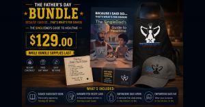 Father's Day Bundle for $129 featuring a signed copy of The SingleDad's Guide to Mealtime cookbook, a handwritten recipe card for Stanley's Skillet Mac & Cheese, a black apron with The Single Dad's Guide to Meal Time logo, and a matching gray cap, display