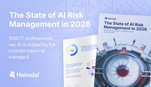 Image showing Heimdal’s State of AI Risk Management in 2026 report, with the report cover and text saying AI is outpacing security controls.