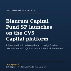 Announcement banner: Biaurum Capital Fund SP launches on the CV5 Capital platform, a Cayman-domiciled global macro hedge fund.