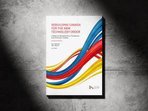 Cover of the BRI report "Rebuilding Canada for the New Technology Order: A National Moonshot for a Prosperous and Sovereign Canada," authored by Don Tapscott and Alex Tapscott, June 2026. The white cover features bold flowing ribbons in red, blue, and yel
