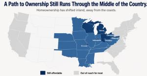 A simplified map of the United States showing affordability by region, with the Midwest, Rust Belt, and parts of the South shaded in navy and labeled with affordable metros including Pittsburgh, Cleveland, Columbus, Detroit, Indianapolis, and St. Louis, a
