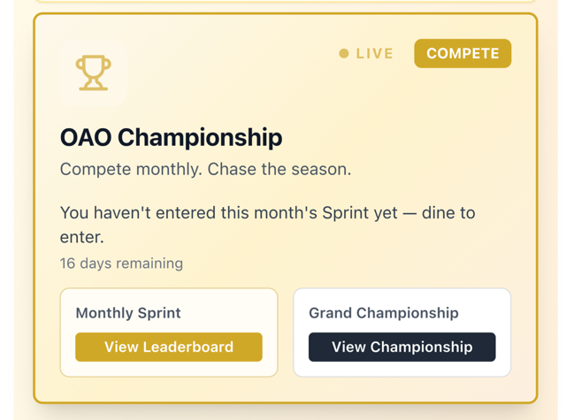 Guests participating in OAO Championship, the restaurant's innovative loyalty and engagement platform connecting diners across locations.