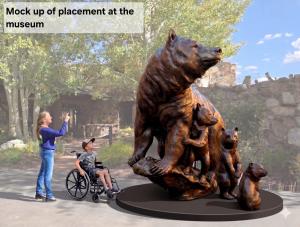 Enlarged rendering of the 18‑inch clay prototype shown for size comparison at life+3/4 scale in its future installation site at the National Museum of Wildlife Art.