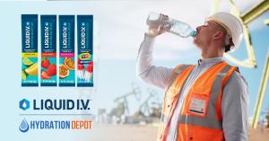 A worker in a white hard hat and orange safety vest drinking from a water bottle on an industrial job site, alongside four Liquid I.V. Hydration Multiplier flavor packets and co-branded Liquid I.V. and Hydration Depot logos.