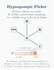 Flicker card: A diagram from the book describing a brief flicker some people notice on waking, beginning near 6–10 Hz and climbing toward roughly 40 Hz over about three seconds before it fades.