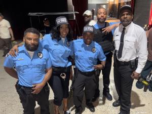 Tanjareen Thomas and the cast behind the scenes of BET's new series LOT PATROL