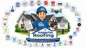 Diagram showing Inspector Roofing’s AI visibility authority stack for roofing near me search, including public records, datasets, schema, local pages, and roofing technology tools.