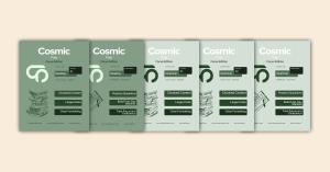 A graphic image of Cosmic Prep's Digital SAT Prep Focus Books, two Reading and three Grammar.