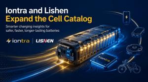 Iontra and Lishen promotional banner titled "Iontra and Lishen Expand the Cell Catalog," with the subhead "Smarter charging insights for safer, faster, longer-lasting batteries." It shows the Iontra and Lishen logos beside a lithium-ion battery module of 