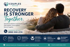 Couple embracing during recovery journey as Couples Rehab expands same-day admissions, detox coordination, and addiction treatment resources for couples.