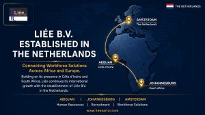 Corporate announcement graphic showing the establishment of Liée B.V. in the Netherlands, with a map connecting Abidjan, Johannesburg, and Amsterdam to illustrate Liée Sarl's international presence across Africa and Europe.