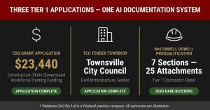 Civil contractor Tier 1 application pipeline — CSQ grant, TCC tender, McConnell Dowell prequalification lodged using AI.