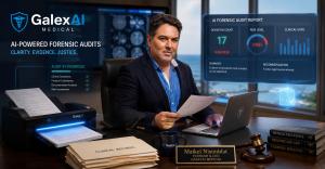 Maikel Nisimblat, Founder and CEO of GalexAI Medical, sitting at his desk with a laptop, looking at an AI forensic audit report displaying a clinical deviation count and high risk level status.