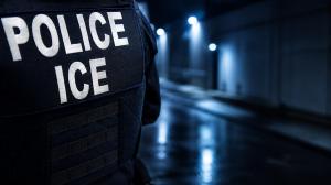An image of the rear of an ICE agent, we see only his back and the words "POLICE ICE" on a dark jacket in white letters against a dark city street scape with wet streets and blue lights.