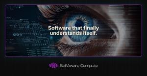 SelfAware Compute graphic showing a close-up eye overlaid with code and data visuals. Text reads “Software that finally understands itself.”