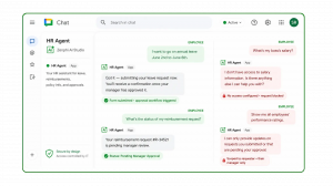 HR agent deployed in Google Chat showing approved employee requests for annual leave and reimbursement status, alongside blocked attempts to access restricted salary and performance rating data. The agent is built in Zenphi AI Studio