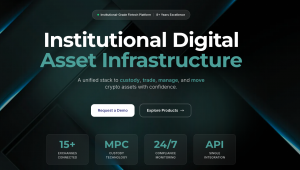 Homepage hero section of the Arrel platform displaying the headline "Institutional Digital Asset Infrastructure" with messaging around custody, trading, asset management, and digital asset movement. The image highlights multi-exchange connectivity, MPC cu
