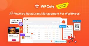 WPCafe AI-powered restaurant management platform for WordPress featuring Aisentic AI, QR food ordering, visual table reservations, location-based menus, and delivery management.