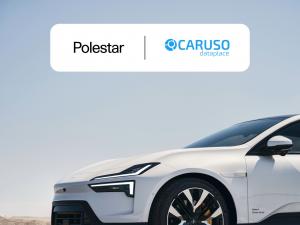 Gros plan d'une Polestar électrique avec les logos de CARUSO Dataplace et de Polestar, illustrant leur partenariat de données pour les flottes.