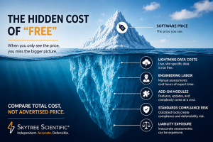 Iceberg infographic showing the hidden costs of free lightning risk assessment tools. Above water is the software price, while below water are lightning data costs, engineering labor, add-on modules, compliance risk, and liability exposure. The graphic em