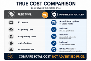 Side-by-side comparison of free lightning risk assessment tools versus an independent platform. The chart compares software licensing, lightning data, engineering labor, add-on costs, and compliance requirements, highlighting that total ownership costs of