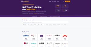 SellAProjector.com homepage showing 520+ projector models, 16 brands, free shipping and a one-day average payout.
