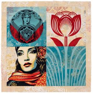 Modular Discourse 9, Limited Edition (2022), signed & numbered Mixed Media (Stencil, Silkscreen, and Collage) on Paper (27 ¼” x 27”) (Image Credit: Shepard Fairey)