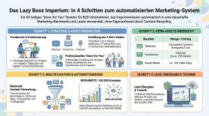 Infografik mit dem Titel „Das Lazy Boss Imperium: In 4 Schritten zum automatisierten Marketing-System“. Die Grafik erklärt ein 50-teiliges Done-for-you-System für B2B-Unternehmer. Schritt 1 zeigt Strategie und Asset-Produktion mit Positionierung, Webinare
