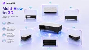 A 3D generated coffee table surrounded by six source photos representing the front, back, left, right, top, and bottom views, demonstrating Neural4D's Multi-View to 3D reconstruction capability.