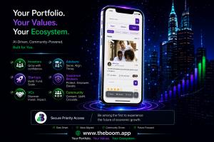 A close-up of a smartphone displaying the Boom app UI, positioned next to a network diagram showing interconnected nodes of Investors, Community, Startups, Insurance Brokers, Advisors, and VCs against a night skyline of Wall Street.