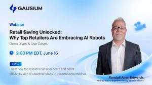 Gausium webinar cover featuring Randall Allen Edwards introducing AI commercial cleaning robots for retail cost reduction