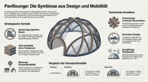 Image Alt Text: Infografik zur Pavillounge mit mobiler Leimholz-Kuppelkonstruktion, strategischen Vorteilen, technischer Exzellenz und Vergleich der 9-Meter- und 12-Meter-Modelle.