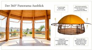 Innenansicht der Pavillounge mit Holzrahmenfenstern und Panoramablick sowie technische Darstellung der 13 Hubfenster mit pneumatischem Öffnungssystem und Sicherheitsverschlüssen.