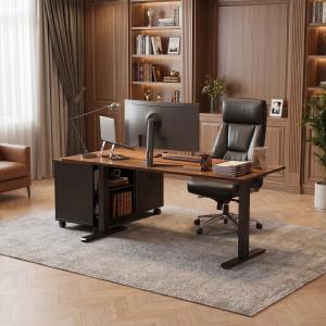 OffiGo 55-inch L-shaped standing desk with movable file cabinet, monitor setup, side storage, and office chair in an organized executive workspace