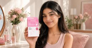 Clear hydrocolloid pimple patch from VAYL Beauty shown on brown skin with no white cast