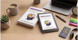 Book cover and tablet displaying InnoMaginate! by Traci Robinson-Williams, available in paperback, Kindle and Audible.