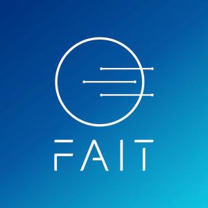 FAIT logo in white on a blue gradient background, with a circular world icon and three lines symbolizing global connectivity and integration.