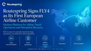 Routespring announcement graphic showing FLY4 as its first European airline customer and highlighting airline travel operations, disruption recovery, crew accommodation, payments, and reconciliation capabilities.