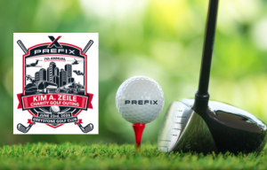 A Prefix golf ball on a tee, ready for action, with the golf event logo adjacent.