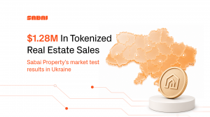 Sabai Property banner showing $1.28M in tokenized real estate sales in Ukraine, with an orange glass map of Ukraine and a gold Sabai house-logo coin.