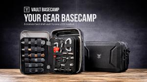 VAULT Basecamp hard-shell EDC organizer shown with modular gear pages, tools, accessories, and stacked storage modules.