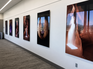 Photo of Lionel Bigthumb's metal art prints on display at the Mayo Clinic in Phoenix, Arizona.