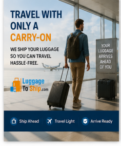 raveler walking through airport with carry-on while luggage is delivered ahead by LuggageToShip.com.
