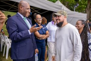 From left Senator the Hon. Aubyn Hill, Minister of Industry, Investment and Commerce (MIIC); Shullette Cox, President, JAMPRO; Natalie Thompson, Executive Producer, Cinecom, Storm Saulter, Director, Possession (foreground) and JoAnne Archibald, Principal 