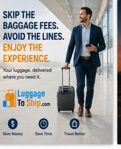 Business traveler using LuggageToShip.com to avoid baggage fees and travel more efficiently.