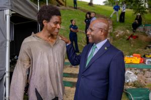 From left: Sheldon Shepherd (playing the role of Matthew / Cudjoe East – Possession) and Senator the Hon. Aubyn Hill, Minister of Industry, Investment and Commerce (MIIC).