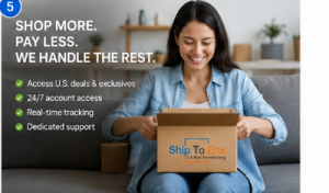 Customer receiving international shipment through ShipToBox.com global commerce platform.