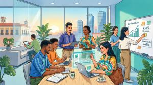 Young diverse team of Latin American entrepreneurs collaborating in a modern 2026 startup workspace with large windows overlooking colonial and contemporary cityscape, working on laptops and tablets around a wooden table, presenting growth metrics (+32% R