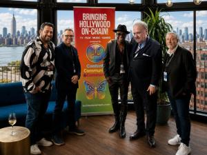 Nyhl Henson Welcolms Jerry Wonda to Technoatinment in Special event in New York City Left to Right Wesley Ellul, John Dotson, Jerry Wonda, Nyhl Henson, Eddie Wenrick