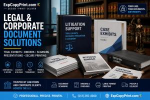 Professional legal printing services including trial exhibits, litigation support, binders, document scanning, corporate reports, and secure document production.